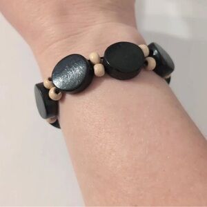 Black and Cream Wood Beaded Stretch Bracelet